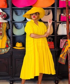 Social Butterfly Collection Plus Size Yellow Boho Style Below The Knee Dress