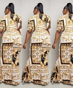 Social Butterfly Collection Black White Gold Print Form Fitted Maxi Dress New Arrivals