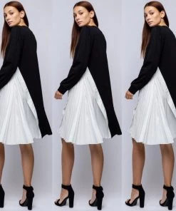 Social Butterfly Collection Black White Color Block Side Pleating Dress Top Sale