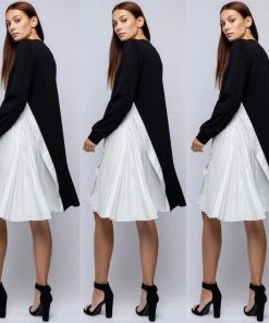 Social Butterfly Collection Black White Color Block Side Pleats Dress Sale