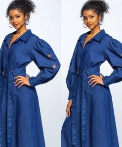 Social Butterfly Collection Denim Jacket Style Long Button Down Maxi Dress