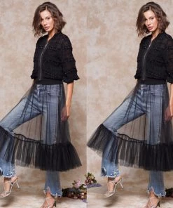 Social Butterfly Collection Sheer Black Front Zipper Dress Top