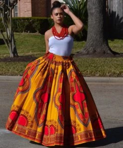 Social Butterfly Collection Yellow Red Multi Color Dashiki African Print Maxi Skirt New Arrivals