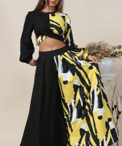 Social Butterfly Collection Black White Yellow Color Block Crop Top