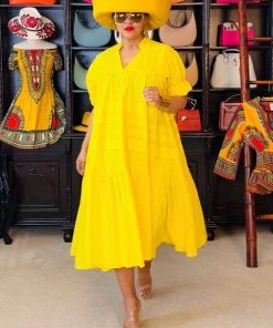 Social Butterfly Collection Plus Size Yellow Boho Style Below The Knee Dress