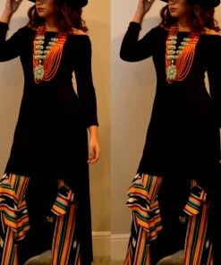 Social Butterfly Collection New Arrivals Black Multi Print Ruffle Wide Leg Pants