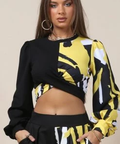 Social Butterfly Collection Black White Yellow Color Block Crop Top
