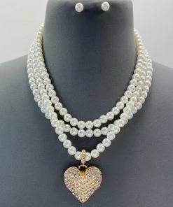 Social Butterfly Collection Three Strand Pearl Heart Necklace