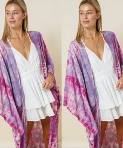 Social Butterfly Collection Purple Pink Tie Dye Kimono Sleeve Sheer Duster New Arrivals