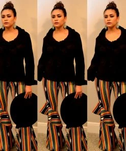 Social Butterfly Collection New Arrivals Black Multi Print Ruffle Wide Leg Pants