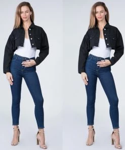 Social Butterfly Collection Black Denim Distressed Plus Size Cropped Jacket New Arrivals