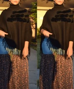 Social Butterfly Collection Black Faux Fur Fringe Detail Sweater Top Sale