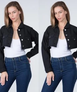 Social Butterfly Collection Black Denim Distressed Plus Size Cropped Jacket New Arrivals