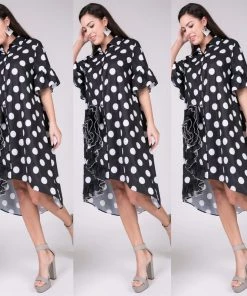 Social Butterfly Collection New Arrivals White On Black Polka Dot Button Down High Low Dress Top
