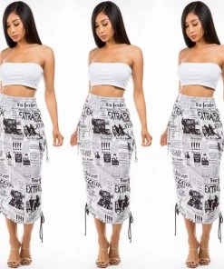 Social Butterfly Collection Newspaper Print Drawstring Skirt New Arrivals