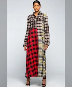 Social Butterfly Collection Dresses Multi Color Check Pattern Maxi Shirt Dress