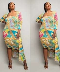 Social Butterfly Collection Bright Color Print Two Piece Dress Duster Set New Arrivals