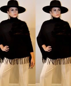 Social Butterfly Collection Black Faux Fur Fringe Detail Sweater Top Sale