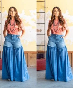 Social Butterfly Collection New Arrivals Blue Denim Jean Blue Palazzo Wide Leg Pants