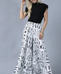 Social Butterfly Collection White Black Vogue Print Palazzo Pants New Arrivals