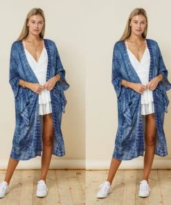 Social Butterfly Collection Denim Blue Tie Dye Kimono Sleeve Sheer Duster