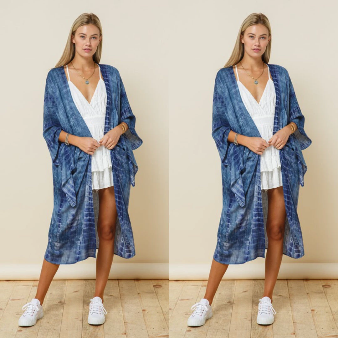 Social Butterfly Collection Denim Blue Tie Dye Kimono Sleeve Sheer Duster 4 Social Butterfly Collection Denim Blue Tie Dye Kimono Sleeve Sheer Duster