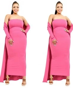Social Butterfly Collection New Arrivals Pink Plus Size Two Piece Form Fitted Dress Duster Set