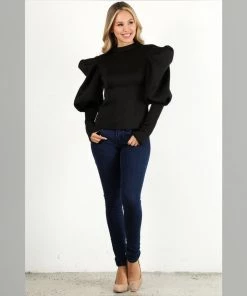 Social Butterfly Collection Black Fitted Puffy Sleeve Top