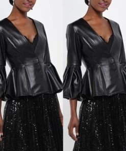 Social Butterfly Collection Black Puffy Sleeve Faux Leather Jacket Sale 36 Social Butterfly Collection Black Puffy Sleeve Faux Leather Jacket Sale