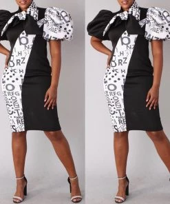 Social Butterfly Collection Puff Sleeve Color Block Black White Print Fitted Neck Tie Dress New Arrivals