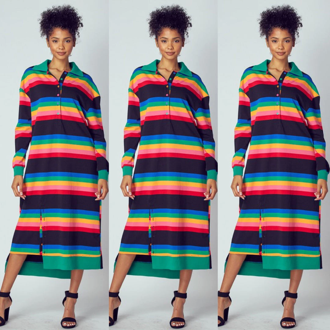 Social Butterfly Collection Multi Color Striped Long Shirt Dress 16 Social Butterfly Collection Multi Color Striped Long Shirt Dress