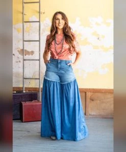 Social Butterfly Collection New Arrivals Blue Denim Jean Blue Palazzo Wide Leg Pants