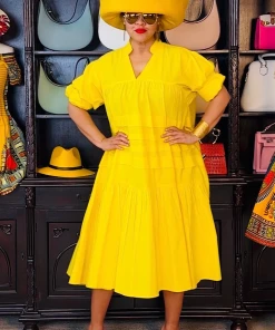 Social Butterfly Collection Plus Size Yellow Boho Style Below The Knee Dress