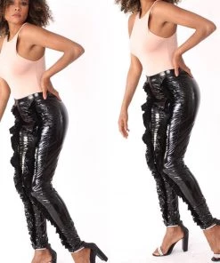 Social Butterfly Collection New Arrivals Black Liquid Faux Leather Front Ruffle Legging Pants