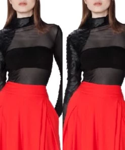 Social Butterfly Collection Sale Beautiful Black Faux Leather Sleeve Sheer Bodysuit