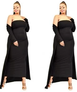 Social Butterfly Collection Plus Size Black Two Piece Form Fitted Dress Duster Set New Arrivals