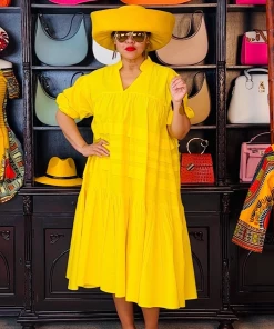 Social Butterfly Collection Plus Size Yellow Boho Style Below The Knee Dress