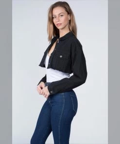 Social Butterfly Collection Black Denim Distressed Plus Size Cropped Jacket New Arrivals