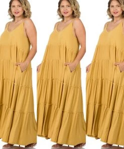 Social Butterfly Collection New Arrivals Plus Size Mustard Yellow Long Cotton Sundress