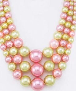 Social Butterfly Collection Three Strand Pink Green Pearl Necklace New Arrivals