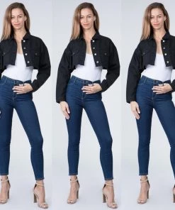 Social Butterfly Collection Black Denim Distressed Plus Size Cropped Jacket New Arrivals