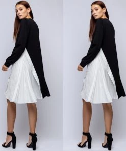 Social Butterfly Collection Black White Color Block Side Pleating Dress Top Sale