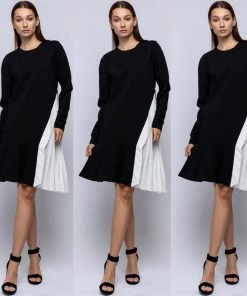 Social Butterfly Collection Black White Color Block Side Pleats Dress Sale