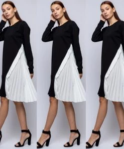 Social Butterfly Collection Black White Color Block Side Pleating Dress Top Sale