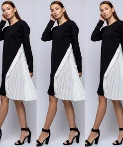 Social Butterfly Collection Black White Color Block Side Pleats Dress Sale