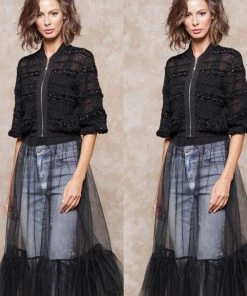 Social Butterfly Collection Sheer Black Front Zipper Dress Top