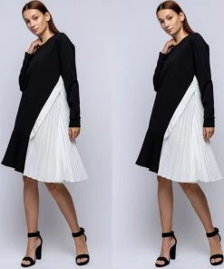 Social Butterfly Collection Black White Color Block Side Pleating Dress Top Sale