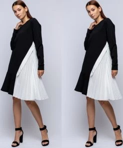 Social Butterfly Collection Black White Color Block Side Pleats Dress Sale