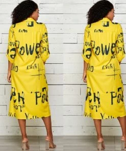 Social Butterfly Collection Yellow Black Print Button Down Shirt Dress