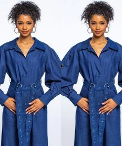 Social Butterfly Collection Denim Jacket Style Long Button Down Maxi Dress
